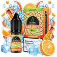 bouteille d'e-liquide Bombo Bar Juice 10 ml Orange Soda avec une étiquette aux tons orange, à côté de sa boîte, accompagné de tranches d'orange et de bulles qui évoquent une saveur de type soda agrume, sucrée et rafraîchissante.