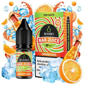 bouteille d'e-liquide Bombo Bar Juice 10 ml Orange Soda avec une étiquette aux tons orange, à côté de sa boîte, accompagné de tranches d'orange et de bulles qui évoquent une saveur de type soda agrume, sucrée et rafraîchissante.