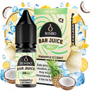 e-liquid bottle Bombo Bar Juice Pineapple Coconut Ice 10 ml, with a striking and tropical design, which represents a refreshing pineapple and coconut flavor with a cold effect.