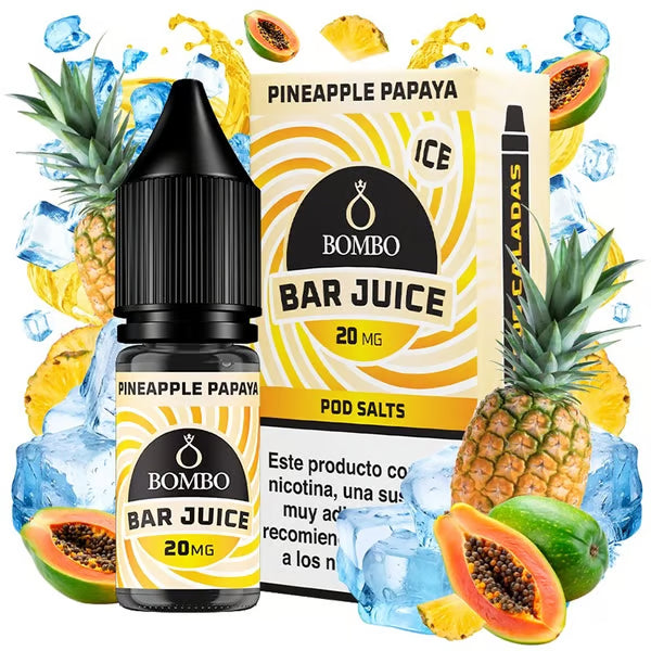 e-liquid bottle Bombo Bar Juice Pineapple Papaya 10 ml, with a tropical design that evokes pineapple and papaya.
