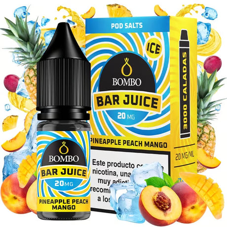 Botella de e-liquid Bombo Bar Juice Pineapple Peach Mango de 10 ml con etiqueta en tonos amarillos y naranjas, junto a su caja, acompañada de piña, melocotón y mango que evocan un sabor tropical, dulce y afrutado.