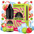 bouteille d'e-liquide Bombo Bar Juice 10 ml de Strawberry Lime Ice avec une étiquette dans les tons rouge et vert, accompagné de sa boîte, accompagné de fraises, de citron vert et de glace qui évoquent une saveur sucrée, citronnée et rafraîchissante.