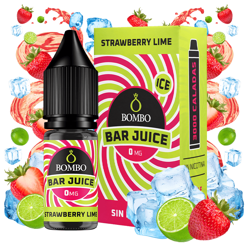 bouteille d'e-liquide Bombo Bar Juice 10 ml de Strawberry Lime Ice avec une étiquette dans les tons rouge et vert, accompagné de sa boîte, accompagné de fraises, de citron vert et de glace qui évoquent une saveur sucrée, citronnée et rafraîchissante.