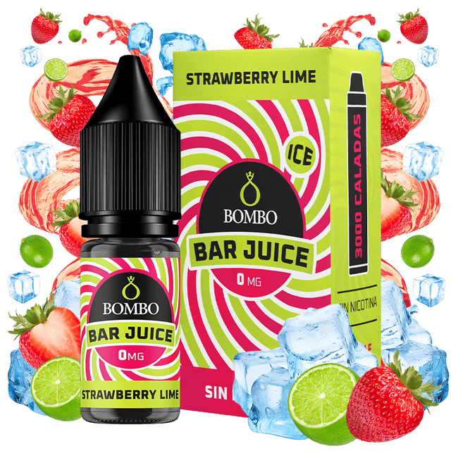 bouteille d'e-liquide Bombo Bar Juice 10 ml de Strawberry Lime Ice avec une étiquette dans les tons rouge et vert, accompagné de sa boîte, accompagné de fraises, de citron vert et de glace qui évoquent une saveur sucrée, citronnée et rafraîchissante.