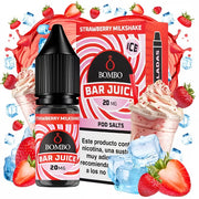 bouteille d'e-liquide Bombo Bar Juice 10 ml d'arôme Milkshake à la Fraise, avec un design coloré et un style sucré qui évoque un milkshake à la fraise.