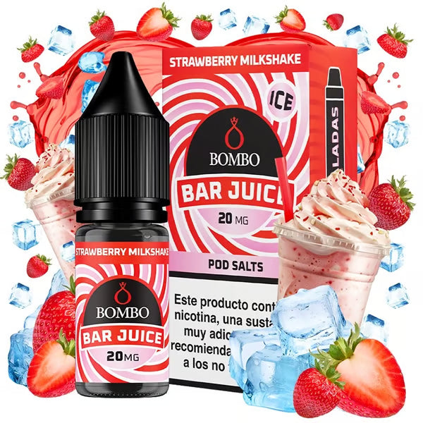 bottiglia di liquido elettronico Bombo Bar Juice Gusto Milkshake alla fragola da 10 ml, dal design colorato e dallo stile dolce che evoca un milkshake alla fragola.