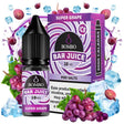 bottiglia di liquido elettronico Bombo Bar Juice Super Grape Ice da 10 ml con etichetta viola, insieme alla sua scatola, accompagnato da uva e ghiaccio che evocano un sapore dolce, fruttato e rinfrescante.