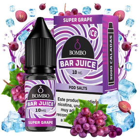 bottiglia di liquido elettronico Bombo Bar Juice Super Grape Ice da 10 ml con etichetta viola, insieme alla sua scatola, accompagnato da uva e ghiaccio che evocano un sapore dolce, fruttato e rinfrescante.