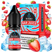 bouteille d'e-liquide Bombo Bar Juice Super Strawberry 10 ml, au design fruité qui évoque la douce fraise.