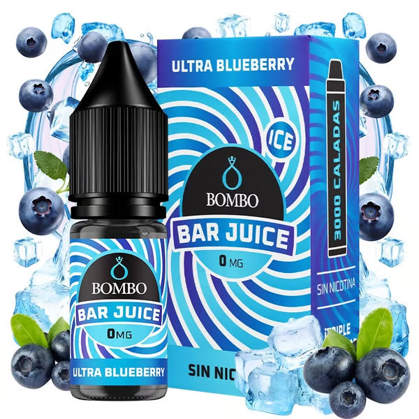 Botella de e-liquid Bombo Bar Juice Ultra Blueberry Ice de 10 ml con etiqueta en tonos azules, junto a su caja, acompañada de arándanos y hielo que evocan un sabor dulce y refrescante.