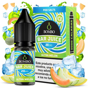 bouteille d'e-liquide Bombo Bar Juice Ultra Melon 10 ml avec étiquette verte et bleue, à côté de sa boîte, entouré de morceaux de melon et de glace qui suggèrent une saveur fraîche et sucrée.