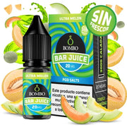 bouteille d'e-liquide Bombo Bar Juice Ultra Melon sans fraîcheur de 10 ml, au design fruité qui évoque la douceur du melon.