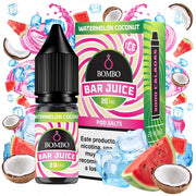 e-liquid bottle Bombo Bar Juice Watermelon Coconut flavor of 10 ml, with a tropical design that evokes watermelon and coconut.