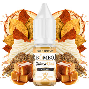 10 ml bottle of Bombo Core Edition e-liquid blonde crème tobacco flavor, with a design that evokes soft tobacco with creamy and sweet nuances.