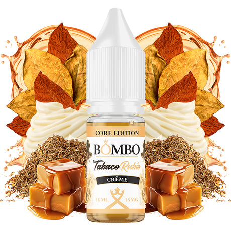 Botella de e-liquid Bombo Core Edition sabor tabaco rubio crème de 10 ml, con diseño que evoca tabaco suave con matices cremosos y dulces.