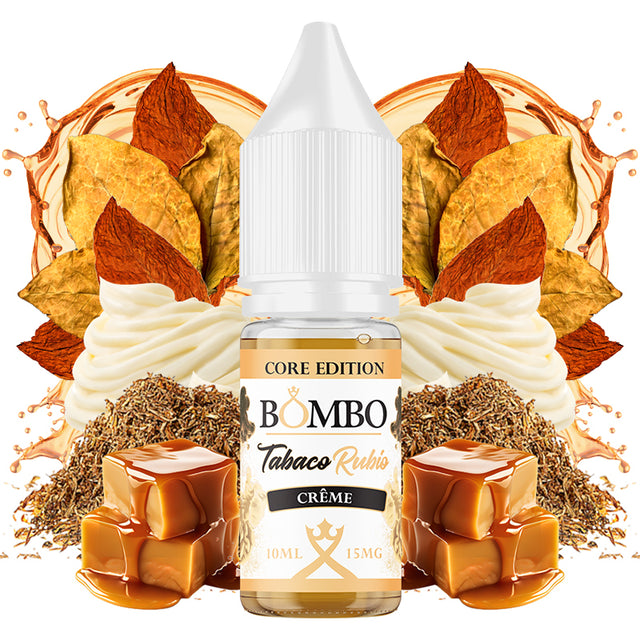 10 ml bottle of Bombo Core Edition e-liquid blonde crème tobacco flavor, with a design that evokes soft tobacco with creamy and sweet nuances.