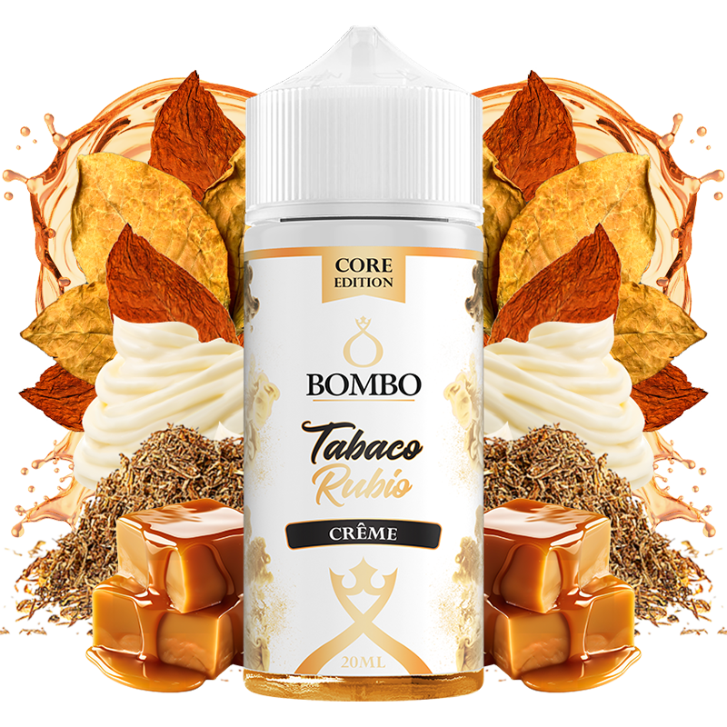 Botella de aroma Bombo Core Edition Tabaco Rubio Creme de 20 ml (formato 20/120 ml), con diseño elegante, que representa un sabor de tabaco rubio suave combinado con notas cremosas y dulces.