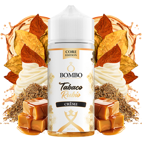 Botella de aroma Bombo Core Edition Tabaco Rubio Creme de 20 ml (formato 20/120 ml), con diseño elegante, que representa un sabor de tabaco rubio suave combinado con notas cremosas y dulces.