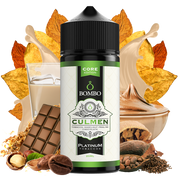 Botella de aroma Bombo Culmen Platinum Tobaccos de 20 ml (formato 20/120 ml), con diseño elegante en tonos beige y verde, que representa un sabor de tabaco con matices intensos, dulces y ligeramente tostados de la gama Platinum Tobaccos.