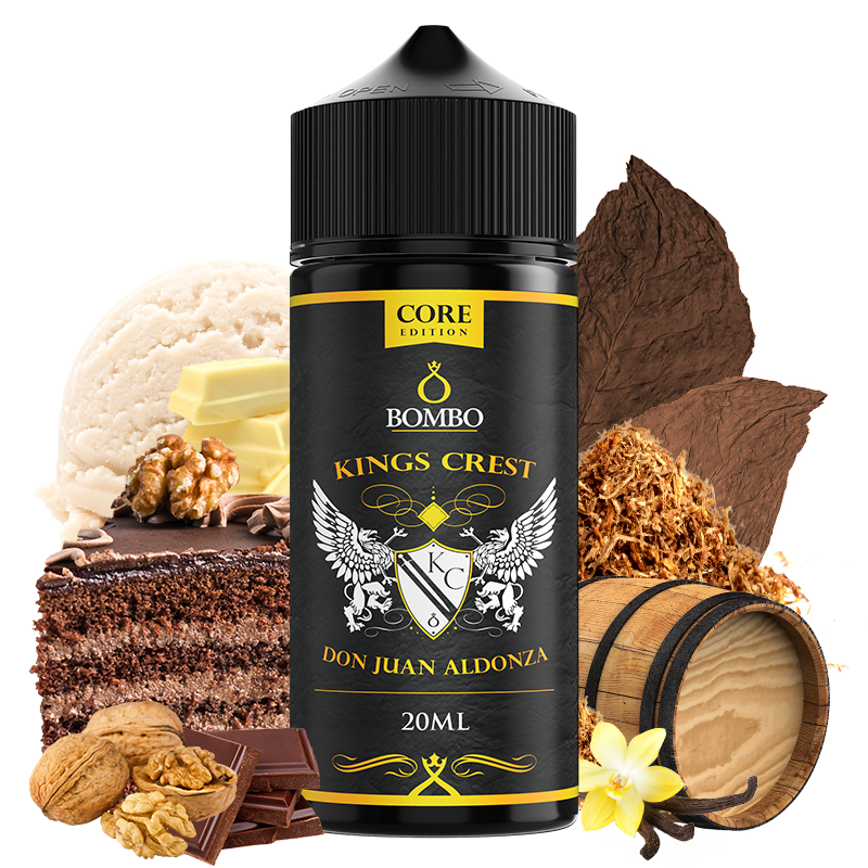 Botella de aroma Bombo King Crest Don Juan Aldonza de 20 ml (formato 20/120 ml), con diseño en negro y detalles dorados, que representa un sabor dulce tipo postre con crema, notas de vainilla y matices de tabaco suave.