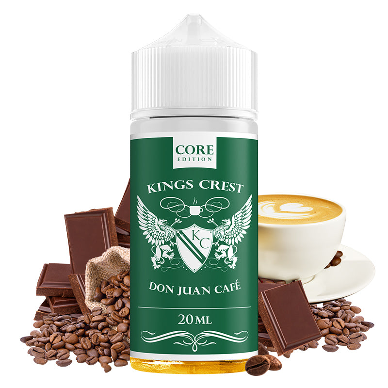 Botella de aroma Bombo King Crest Don Juan Café de 20 ml (formato 20/120 ml), con diseño en negro y detalles dorados, que representa un sabor de postre con notas de café, crema dulce y matices de tabaco suave.