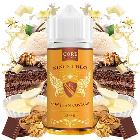 Botella de aroma Bombo King Crest Don Juan Custard de 20 ml (formato 20/120 ml), con diseño llamativo y elegante, que representa un sabor dulce de postre con crema custard, notas de vainilla y matices de pastel.