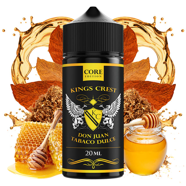 Flacon d'arôme Bombo King Crest Don Juan Sweet Tobacco de 20 ml (format 20/120 ml), avec un design noir et des détails dorés, accompagné de feuilles de tabac et de miel qui représentent sa saveur sucrée avec des notes intenses de tabac et des nuances miellées.