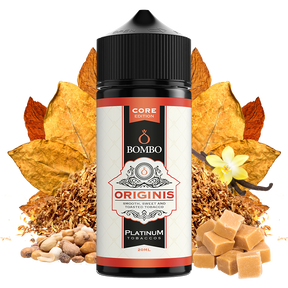 Botella de aroma Bombo Originis Platinum Tobaccos de 20 ml (formato 20/120 ml), con diseño elegante en tonos beige y rojo, acompañada de hojas de tabaco, vainilla, frutos secos y caramelo que representan su sabor dulce y tostado.