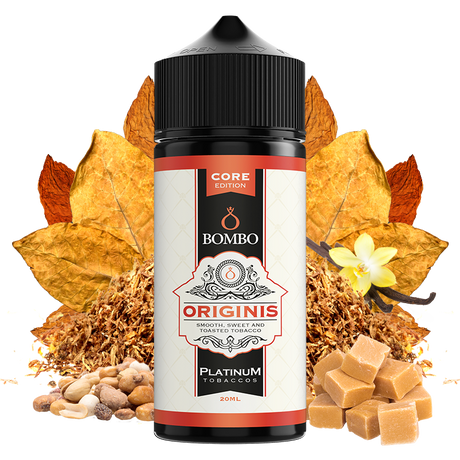 Flacon d'arôme Bombo Originis Platinum Tobaccos de 20 ml (format 20/120 ml), au design élégant dans les tons beige et rouge, accompagné de feuilles de tabac, de vanille, de noix et de caramel qui représentent sa saveur douce et grillée.