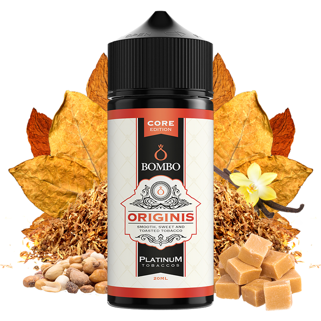 Botella de aroma Bombo Originis Platinum Tobaccos de 20 ml (formato 20/120 ml), con diseño elegante en tonos beige y rojo, acompañada de hojas de tabaco, vainilla, frutos secos y caramelo que representan su sabor dulce y tostado.