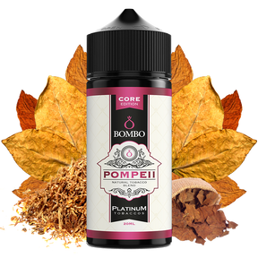 Botella de aroma Bombo Pompeii Platinum Tobaccos de 20 ml (formato 20/120 ml), con diseño elegante en tonos beige y rojo, que representa un sabor de tabaco con matices dulces y especiados característicos de la gama Platinum Tobaccos.