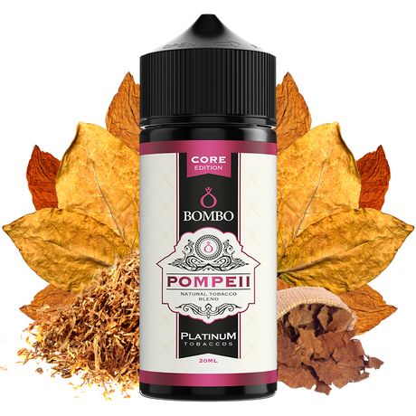 Flacon d'arôme Bombo Pompeii Platinum Tobaccos de 20 ml (format 20/120 ml), au design élégant dans les tons beige et rouge, qui représente une saveur de tabac aux nuances douces et épicées caractéristiques de la gamme Platinum Tobaccos.
