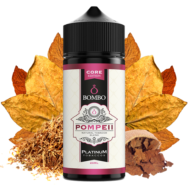 Botella de aroma Bombo Pompeii Platinum Tobaccos de 20 ml (formato 20/120 ml), con diseño elegante en tonos beige y rojo, que representa un sabor de tabaco con matices dulces y especiados característicos de la gama Platinum Tobaccos.