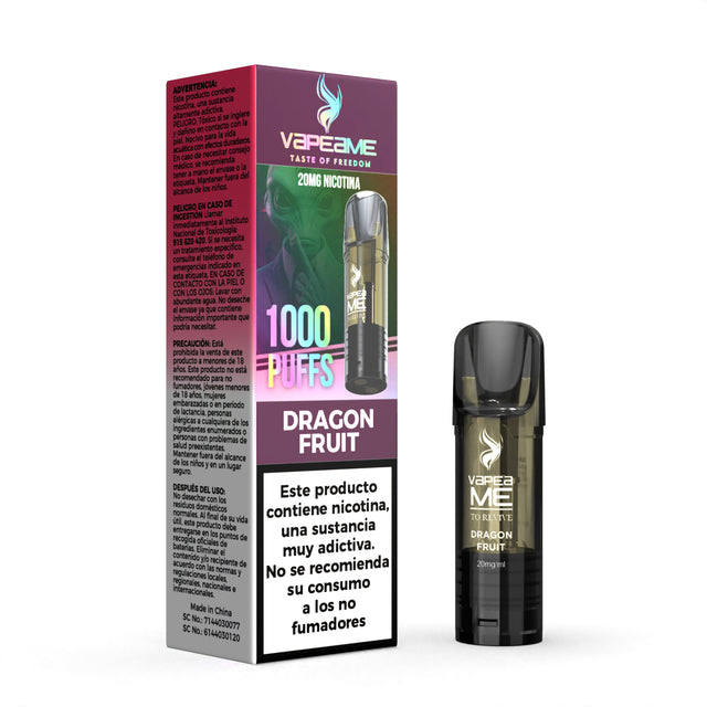 Cápsula Vapeame To Revive Dragon Fruit x1, pod recargable para vape con e-liquid sabor fruta del dragón con perfil tropical y dulce, capacidad de 2 ml, 20 mg/ml de nicotina y hasta 1000 puffs, presentada junto a su caja original con información del producto.