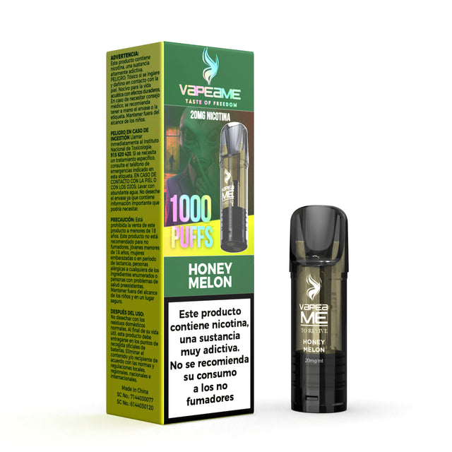 Cápsula Vapeame To Revive Honey Melon x1, pod recargable para vape con e-liquid sabor melón dulce tipo honeydew, capacidad de 2 ml, 20 mg/ml de nicotina y hasta 1000 puffs, presentada junto a su caja original con información del producto.