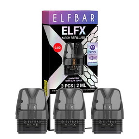 Cartridge ELFBAR ELFX (pack of 3 units), with transparent design and integrated mouthpiece, 2 ml refillable mesh system and 0.8 ohm resistance for balanced vaping of flavor and vapor.