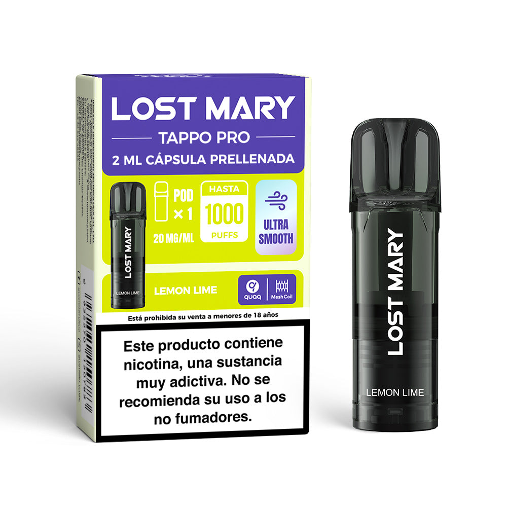 Cartridge Lost Mary Tappo Lemon Lime – device-friendly pre-filled capsule Lost Mary Tappo / Tappo Air / Tappo Pro, with a citrus mix of lemon and lime flavor, offering a fresh, light and revitalizing experience.