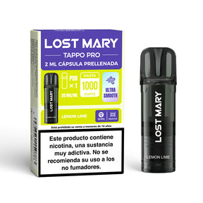 Cartridge Lost Mary Tappo Lemon Lime – device-friendly pre-filled capsule Lost Mary Tappo / Tappo Air / Tappo Pro, with a citrus mix of lemon and lime flavor, offering a fresh, light and revitalizing experience.