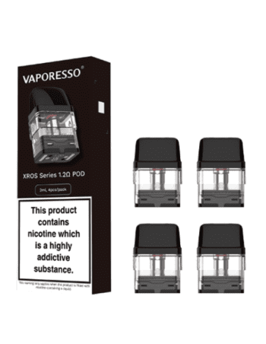Pack de 4 cartuchos recargables Vaporesso Xros 0.6 ohm con depósito transparente y boquilla negra, presentados junto a su caja original Vaporesso Xros Series.