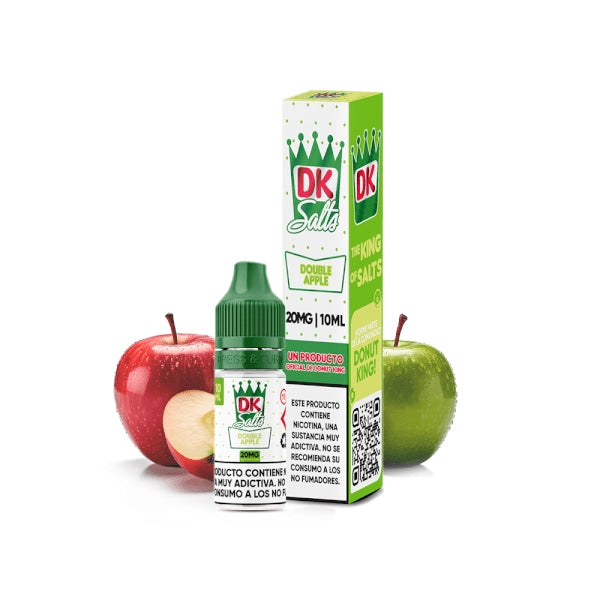 Liquido Donut King Sali Doppia Mela 10 ml con bottiglia e scatola originali, accompagnati da mele rosse e verdi che ne rappresentano il sapore.