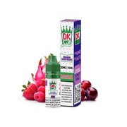 Liquide Donut King Sels Dragon Razz 10 ml avec flacon et boîte d'origine, accompagnés de fruit du dragon et de framboise qui représentent sa saveur.