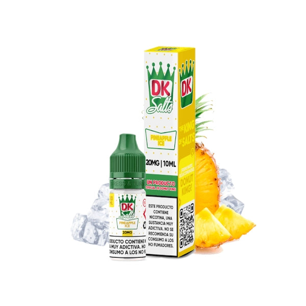 Liquide Donut King Sels Pineapple Ice 10 ml avec bouteille et boîte originale, accompagné d'ananas et de glaçons qui représentent sa saveur.