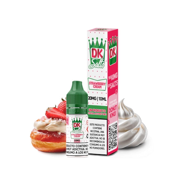 Liquide Donut King Sels Crème de Fraise 10 ml avec bouteille et boîte d'origine, accompagné de fraises et de crème qui représentent sa saveur.