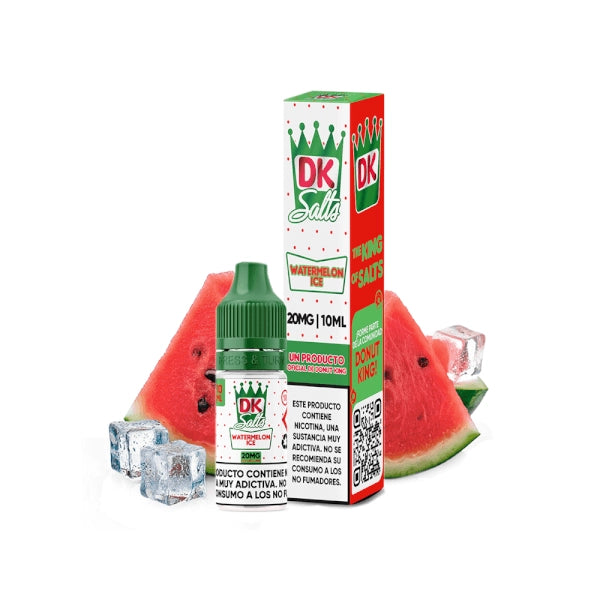 Liquid Donut King Salts Watermelon Ice 10 ml with original bottle and box, accompanied by watermelon slices and ice cubes that represent its flavor.