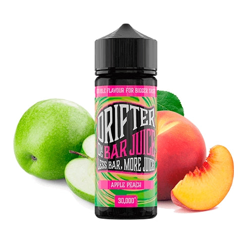 Parfum Drifter Bar Jus Pomme Pêche 24 ml en format longfill, bouteille avec une étiquette de couleur fruit accompagnée de pomme et de pêche qui représentent sa saveur.