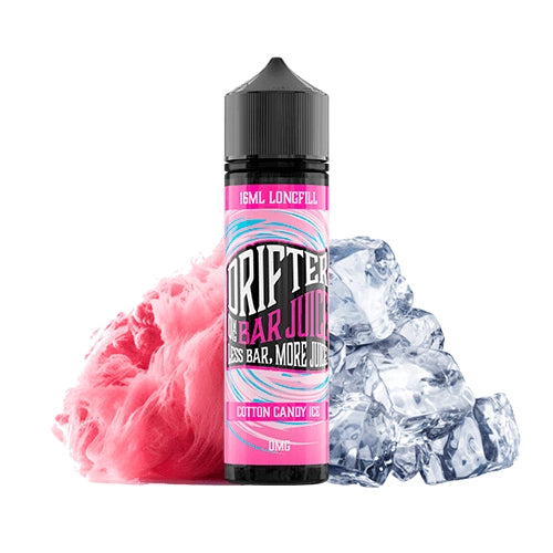 Profumo Drifter Bar Juice Cotton Candy Ice 16 ml in formato longfill, bottiglia con un'etichetta colorata insieme a zucchero filato e ghiaccio che ne rappresentano il sapore.