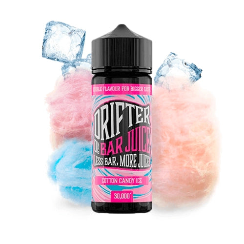 Aroma Drifter Bar Juice Cotton Candy Ice 24 ml en formato longfill, botella con etiqueta colorida junto a algodón de azúcar y hielo que representan su sabor.
