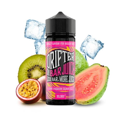 Aroma Drifter Bar Juice Kiwi Passion Guava Ice 24 ml en formato longfill, botella con etiqueta verde junto a kiwi, fruta de la pasión, guayaba y hielo que representan su sabor.