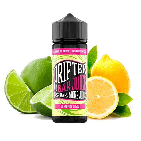 Aroma Drifter Bar Juice Lemon Lime 24 ml en formato longfill, botella con etiqueta en tonos cítricos junto a limón y lima que representan su sabor.