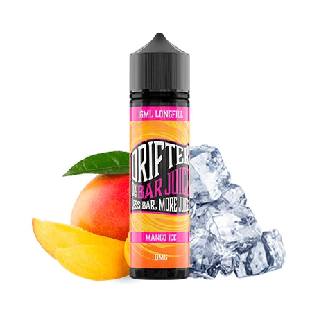 Parfum Drifter Bar Jus Mango Ice 16 ml au format longfill, bouteille avec une étiquette aux tons tropicaux à côté de mangue et de glace qui représentent sa saveur.